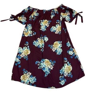 Burgundy Floral dress, off shoulder, medium
